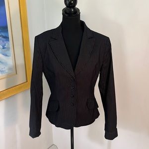 Black pinstriped formal blazer, fitted, button up, pockets, zinc brand, Size XL